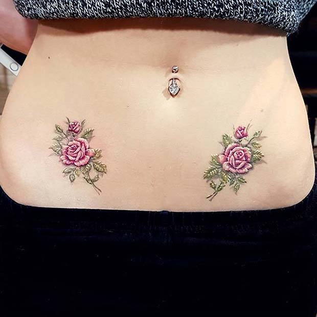 Ideia fofa de tatuagem de rosa mosqueta dupla